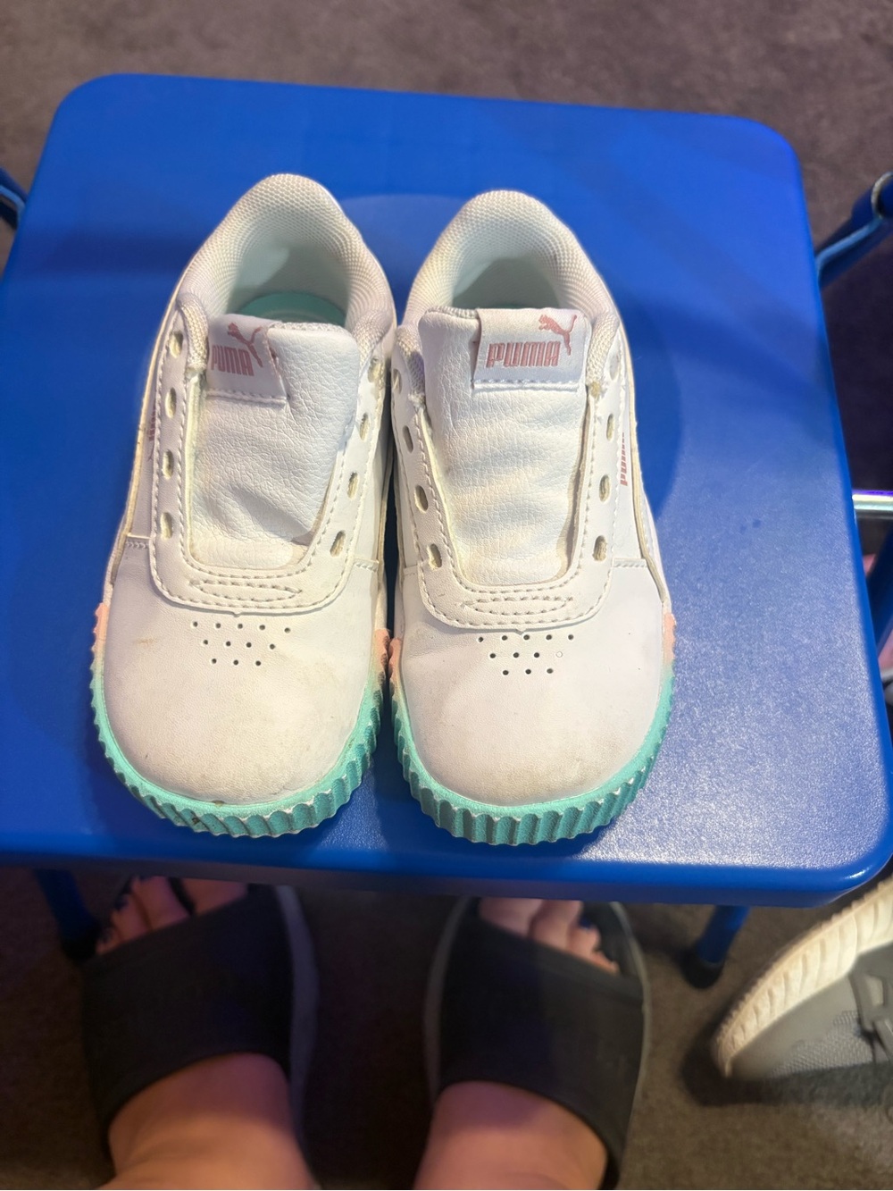 Puma Kids White Leather Slip-On Sneakers with Mint Green Sole